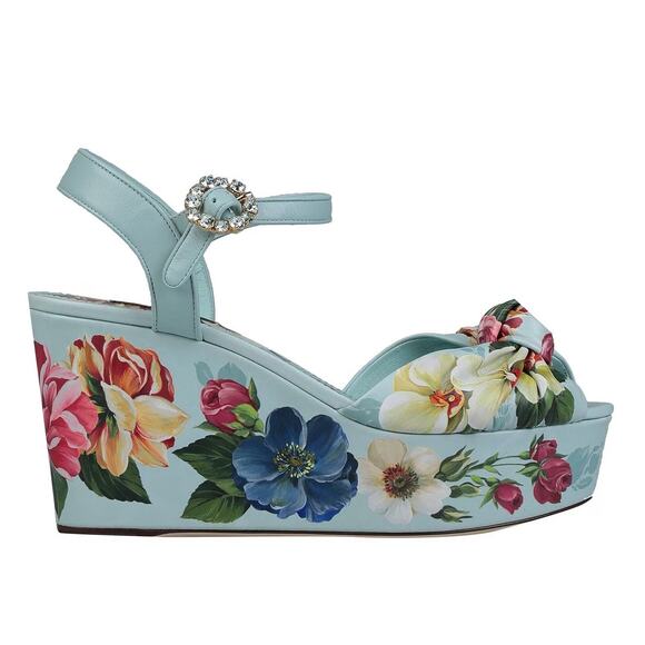 DOLCE & GABBANA Floral Platform Wedge Sandals In Sky Blue 36 - Picture 1 of 7